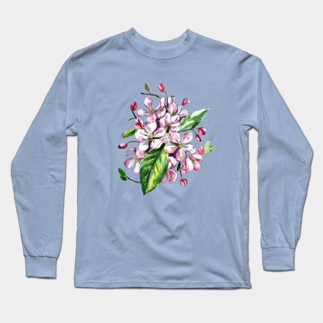 Apple Blossom Flowers Watercolor Painting Long Sleeve T-Shirt by Ratna Arts